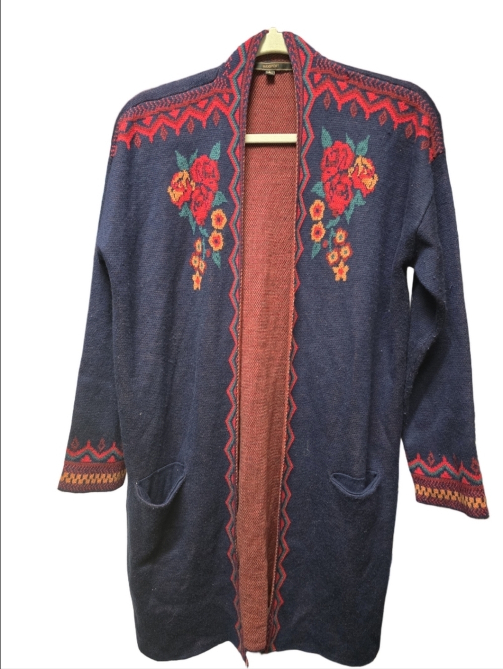 MaxSport Navy Blue and Red Floral Knit Cardigan Sz. L Vintage